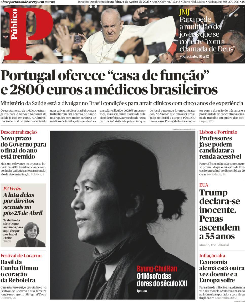 P&uacute;blico: Capa da Edi&ccedil;&atilde;o de sexta-feira, 04 de agosto 2023