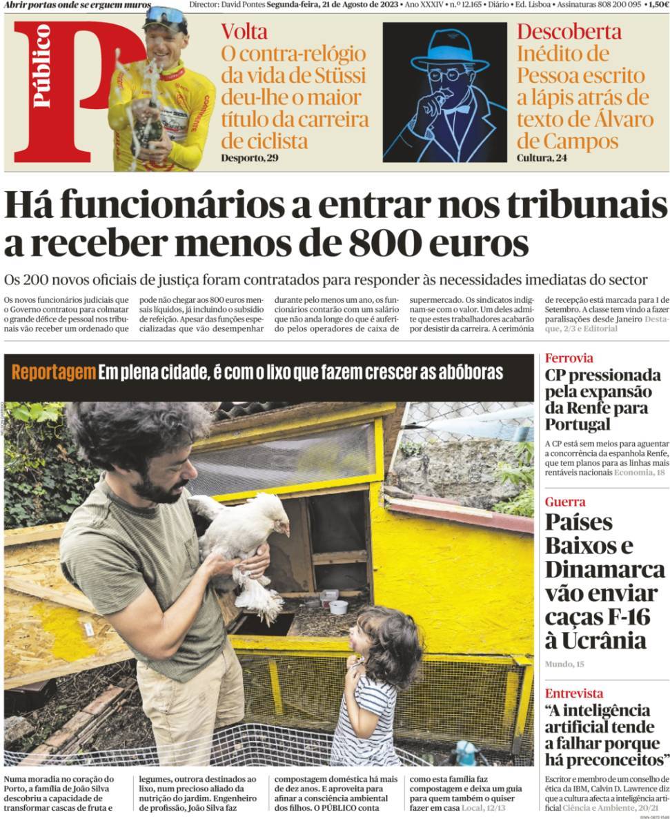 P&uacute;blico: Capa da Edi&ccedil;&atilde;o de segunda-feira, 21 de agosto 2023