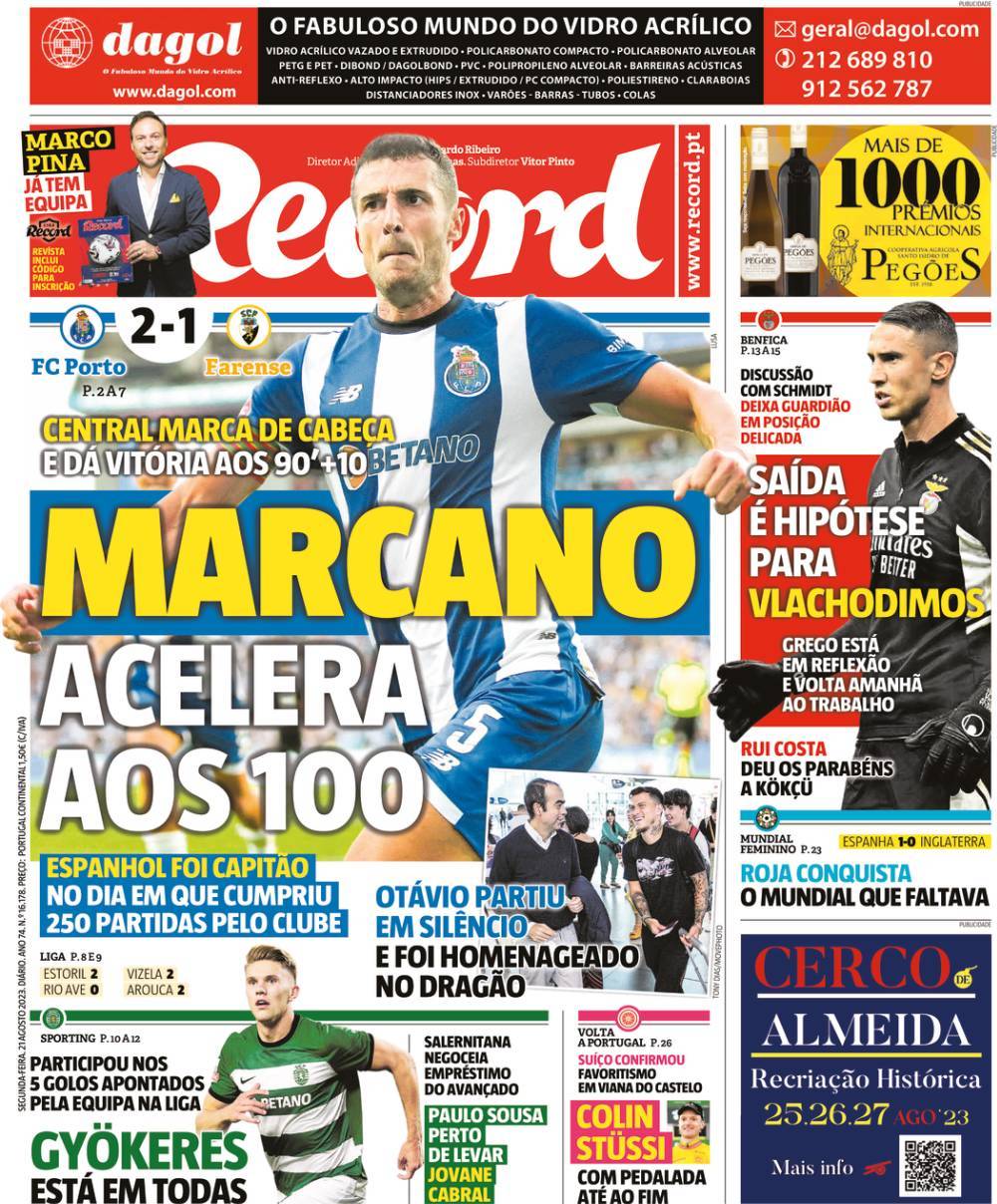 Record: Capa da Edi&ccedil;&atilde;o de segunda-feira, 21 de agosto 2023