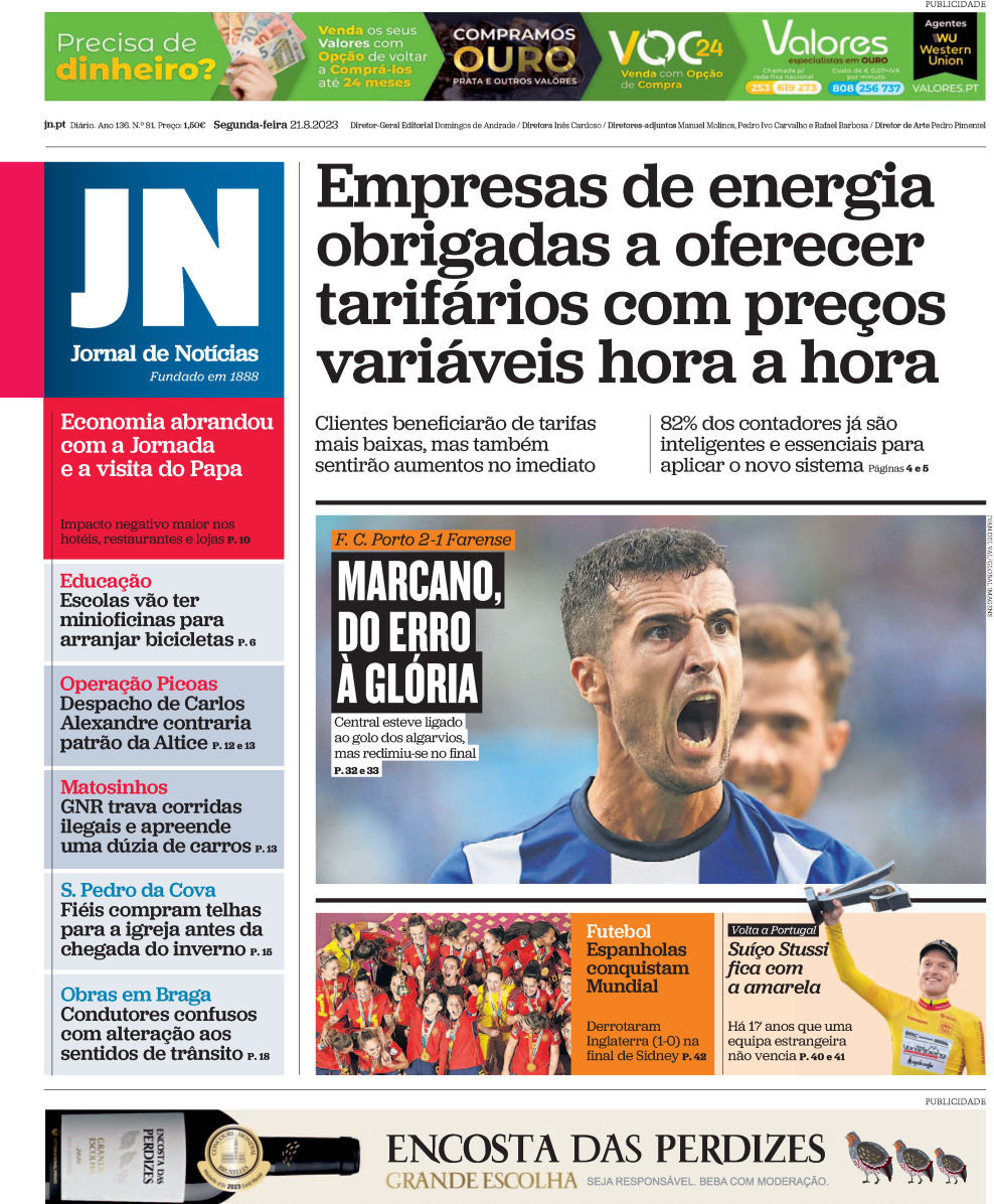 Jornal de Not&iacute;cias: Capa da Edi&ccedil;&atilde;o de segunda-feira, 21 de agosto 2023