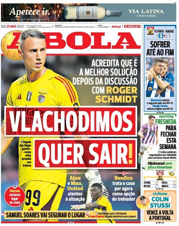 A Bola: Capa da Edi&ccedil;&atilde;o de segunda-feira, 21 de agosto 2023