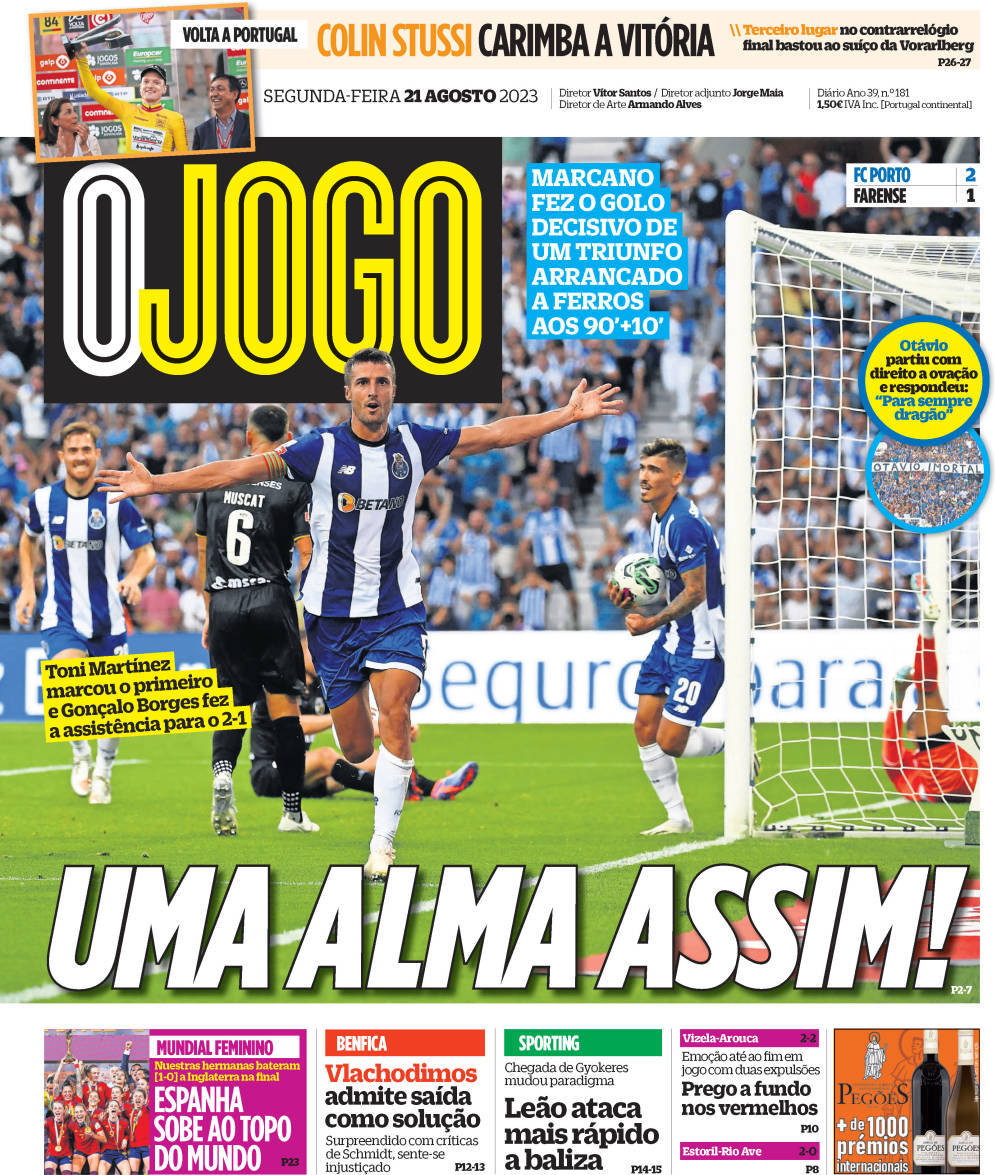 O Jogo: Capa da Edi&ccedil;&atilde;o de segunda-feira, 21 de agosto 2023