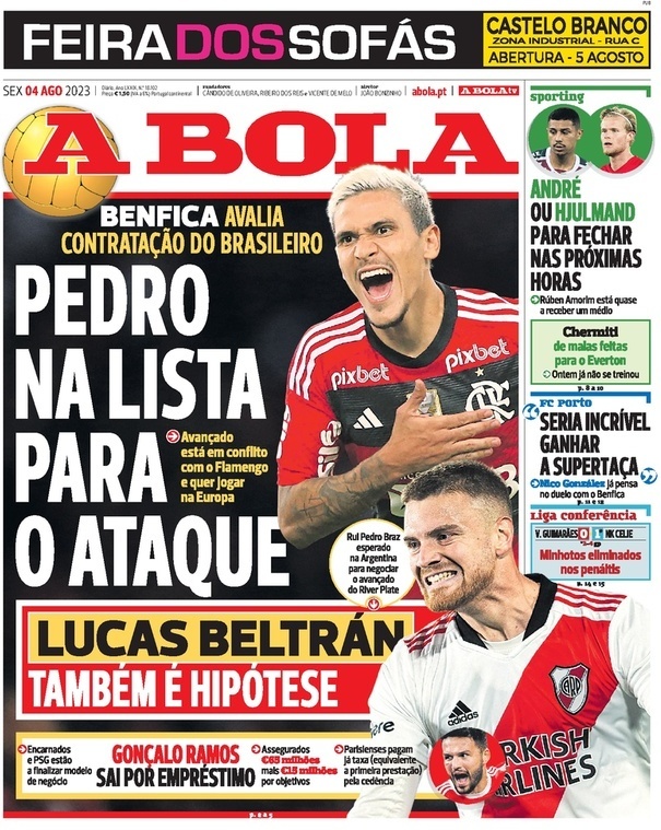 A Bola: Capa da Edi&ccedil;&atilde;o de sexta-feira, 04 de agosto 2023