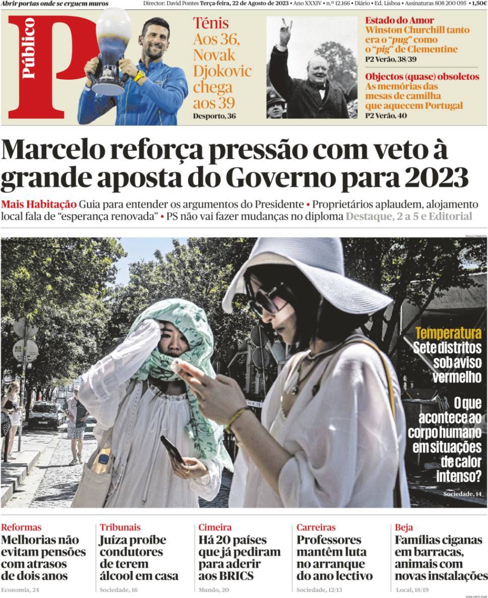 P&uacute;blico: Capa da Edi&ccedil;&atilde;o de ter&ccedil;a-feira, 22 de agosto 2023