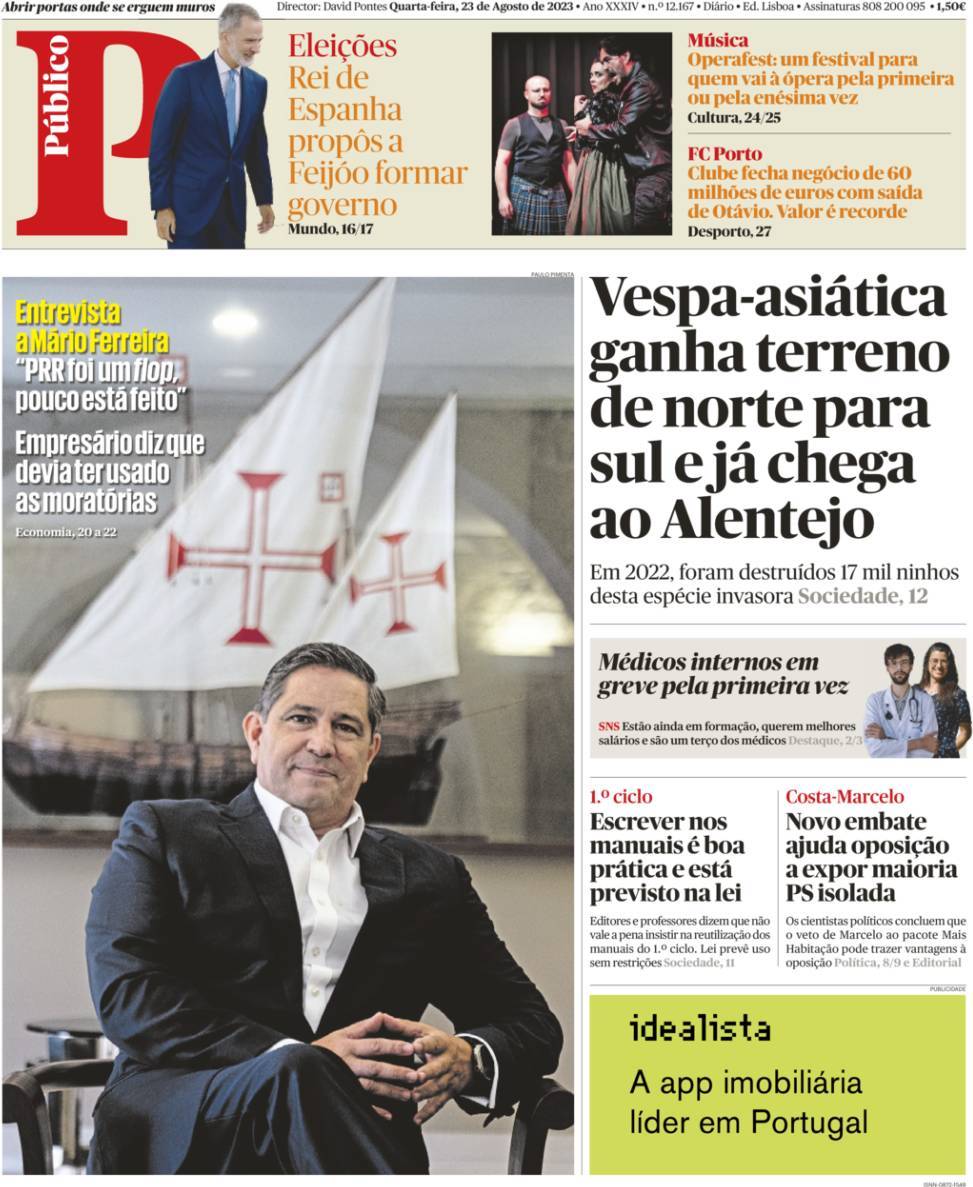 P&uacute;blico: Capa da Edi&ccedil;&atilde;o de quarta-feira, 23 de agosto 2023