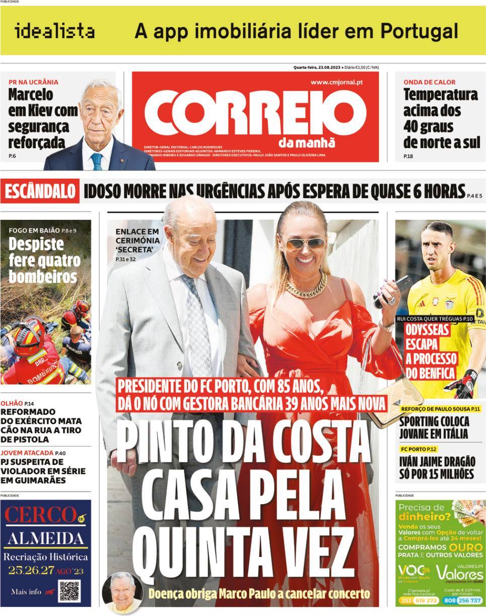 Correio da Manh&atilde;: Capa da Edi&ccedil;&atilde;o de quarta-feira, 23 de agosto 2023