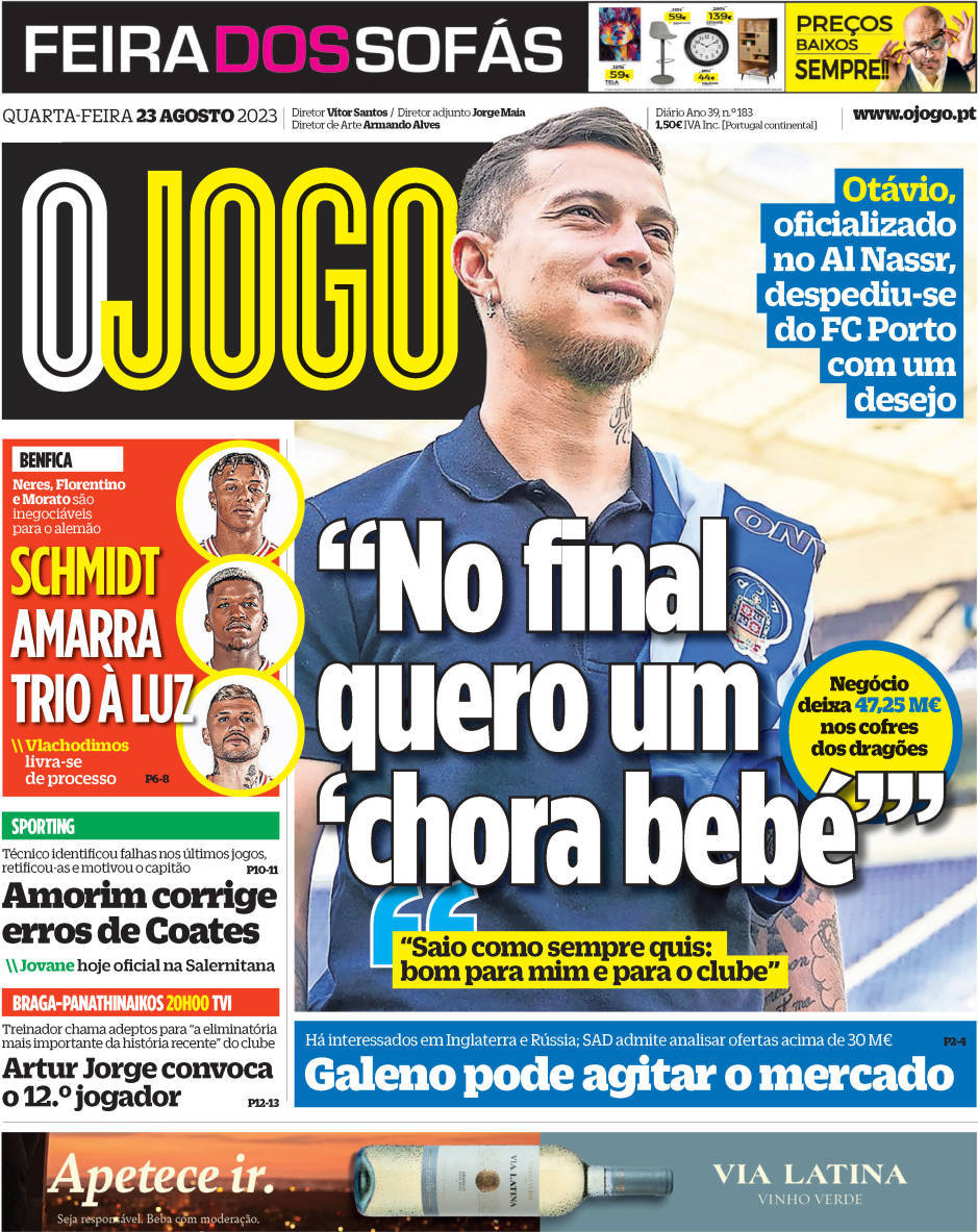 O Jogo: Capa da Edi&ccedil;&atilde;o de quarta-feira, 23 de agosto 2023