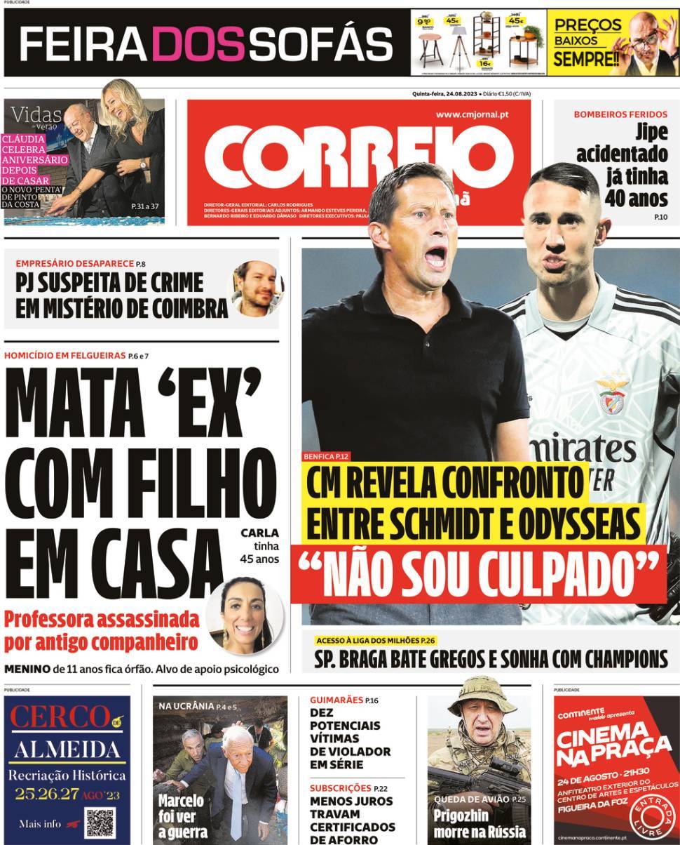 Correio da Manh&atilde;: Capa da Edi&ccedil;&atilde;o de quinta-feira, 24 de agosto 2023