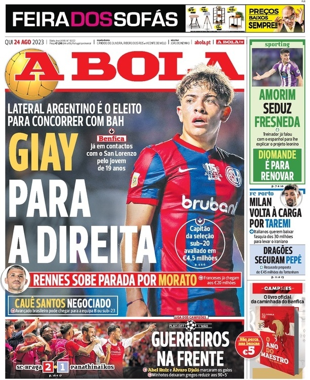 A Bola: Capa da Edi&ccedil;&atilde;o de quinta-feira, 24 de agosto 2023