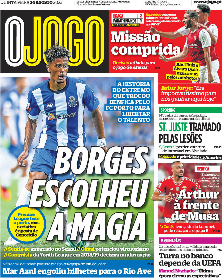 O Jogo: Capa da Edi&ccedil;&atilde;o de quinta-feira, 24 de agosto 2023