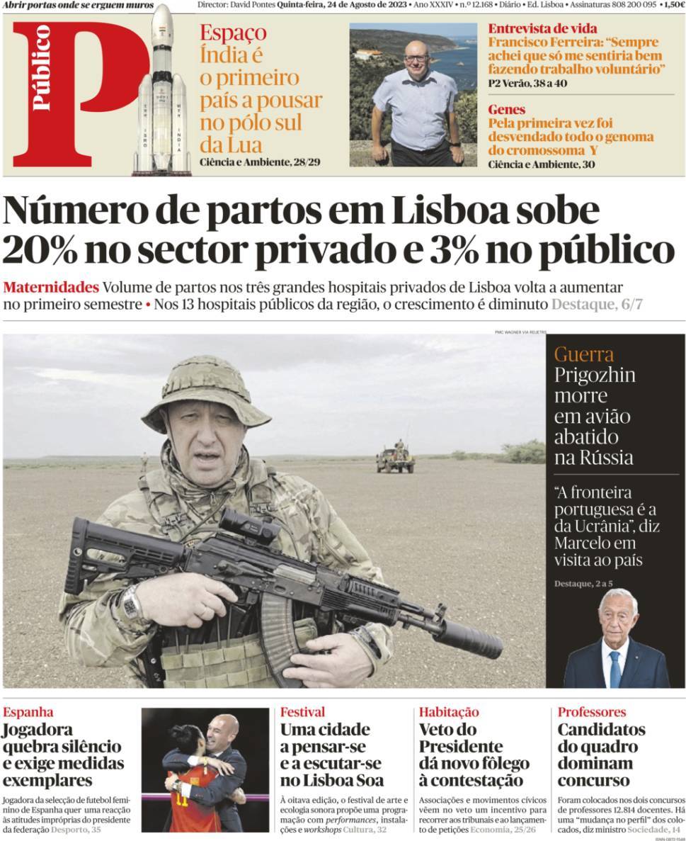 P&uacute;blico: Capa da Edi&ccedil;&atilde;o de quinta-feira, 24 de agosto 2023