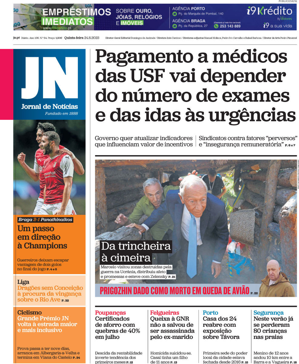 Jornal de Not&iacute;cias: Capa da Edi&ccedil;&atilde;o de quinta-feira, 24 de agosto 2023