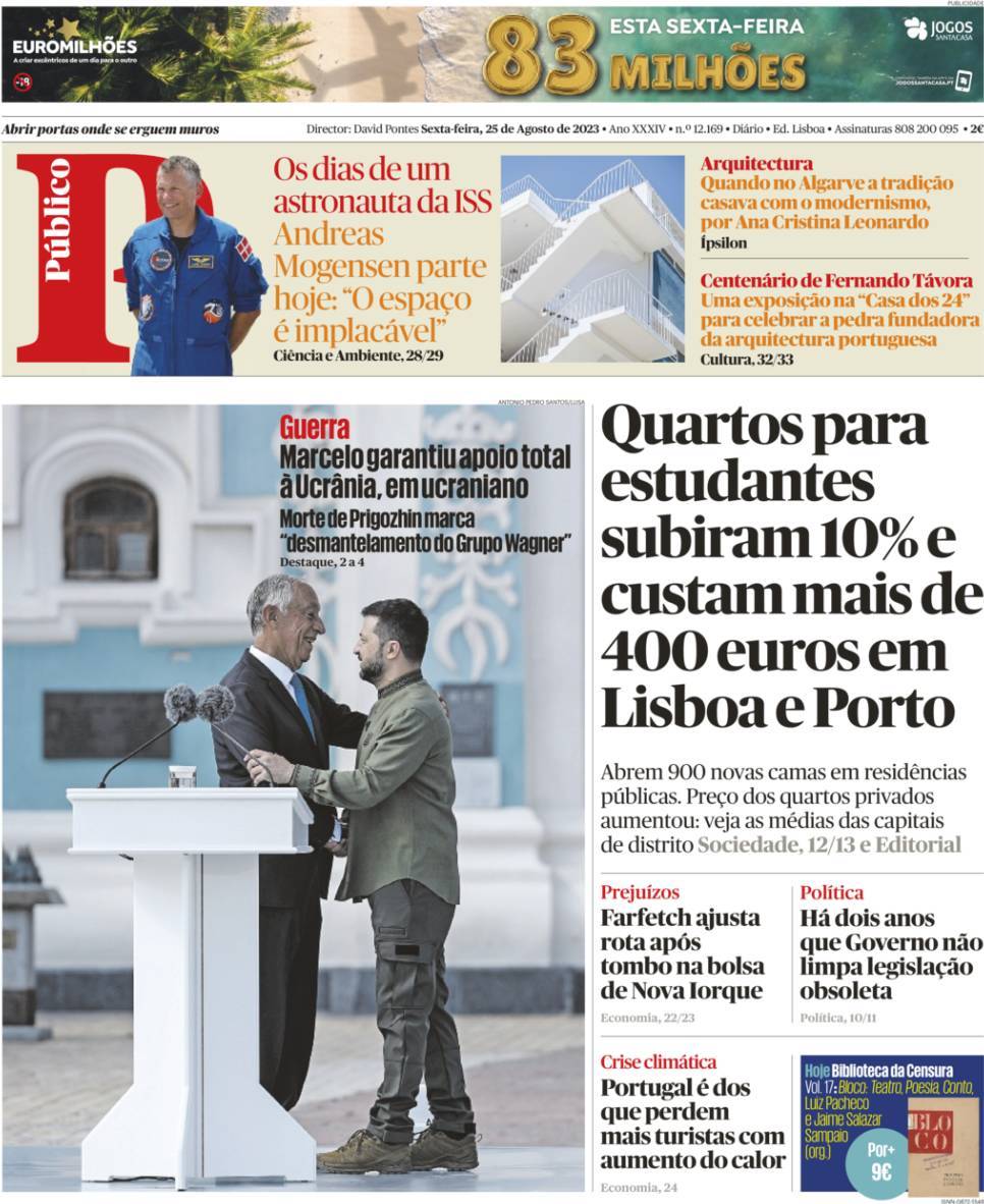 P&uacute;blico: Capa da Edi&ccedil;&atilde;o de sexta-feira, 25 de agosto 2023