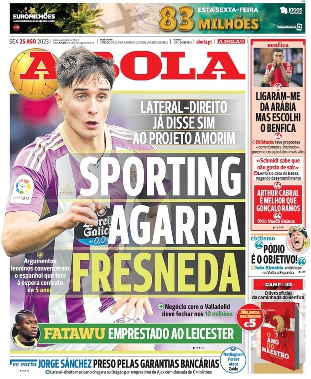 A Bola: Capa da Edi&ccedil;&atilde;o de sexta-feira, 25 de agosto 2023