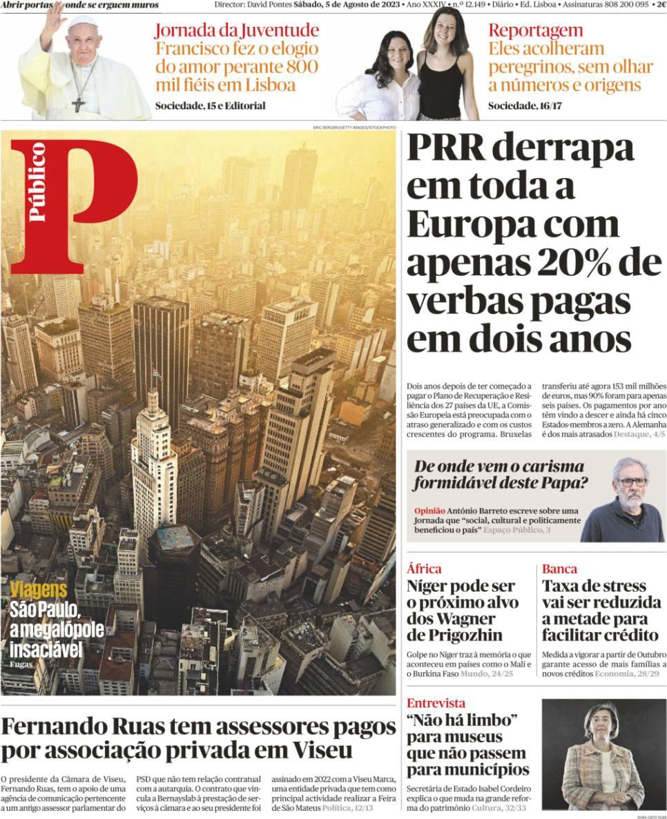 P&uacute;blico: Capa da Edi&ccedil;&atilde;o de s&aacute;bado, 05 de agosto 2023