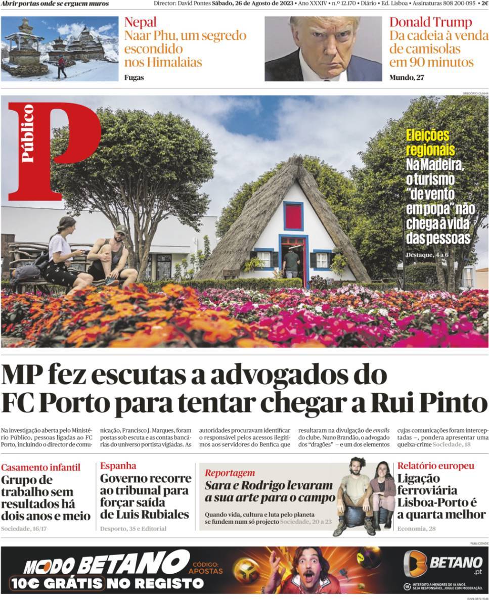 P&uacute;blico: Capa da Edi&ccedil;&atilde;o de s&aacute;bado, 26 de agosto 2023