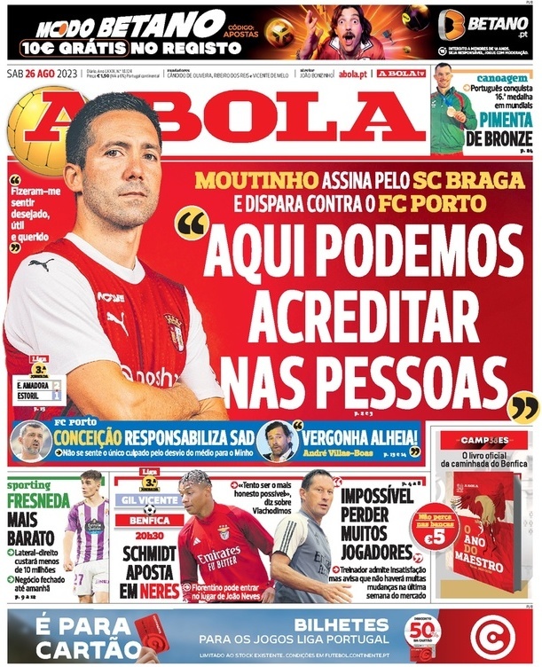 A Bola: Capa da Edi&ccedil;&atilde;o de s&aacute;bado, 26 de agosto 2023