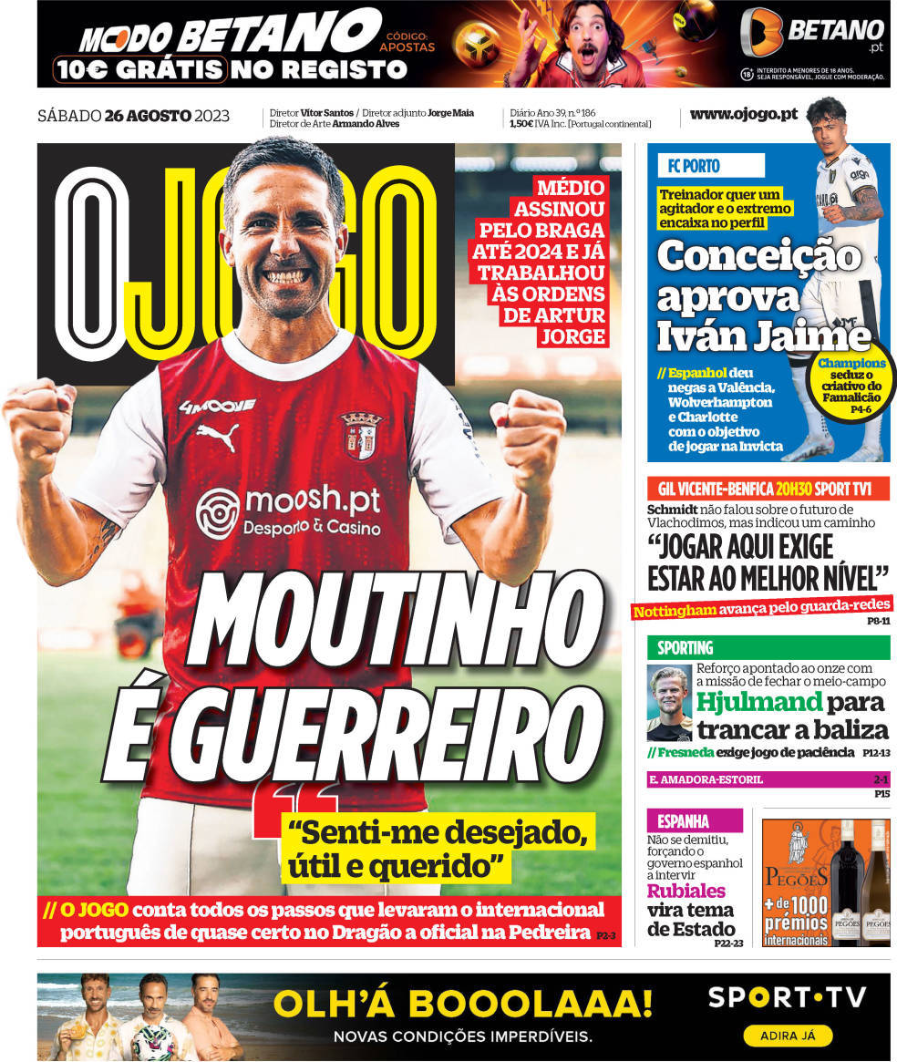 O Jogo: Capa da Edi&ccedil;&atilde;o de s&aacute;bado, 26 de agosto 2023