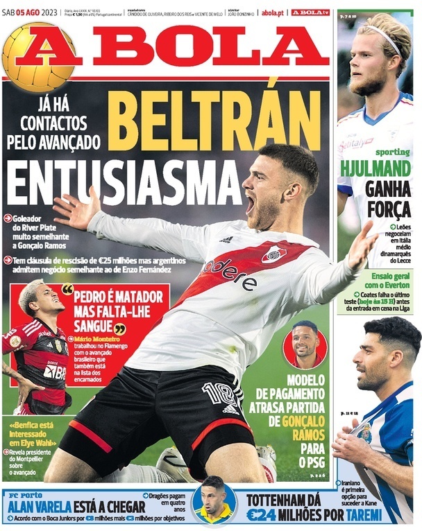 A Bola: Capa da Edi&ccedil;&atilde;o de s&aacute;bado, 05 de agosto 2023