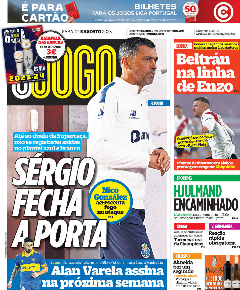 O Jogo: Capa da Edi&ccedil;&atilde;o de s&aacute;bado, 05 de agosto 2023