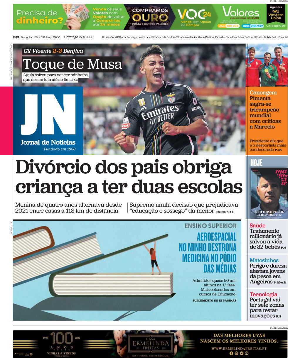 Jornal de Not&iacute;cias: Capa da Edi&ccedil;&atilde;o de domingo, 27 de agosto 2023