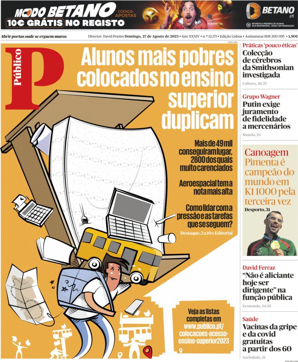 P&uacute;blico: Capa da Edi&ccedil;&atilde;o de domingo, 27 de agosto 2023