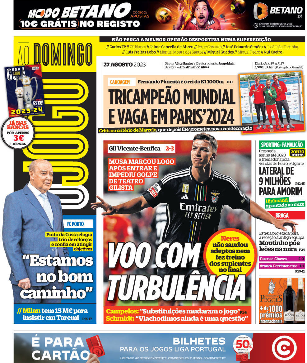 O Jogo: Capa da Edi&ccedil;&atilde;o de domingo, 27 de agosto 2023