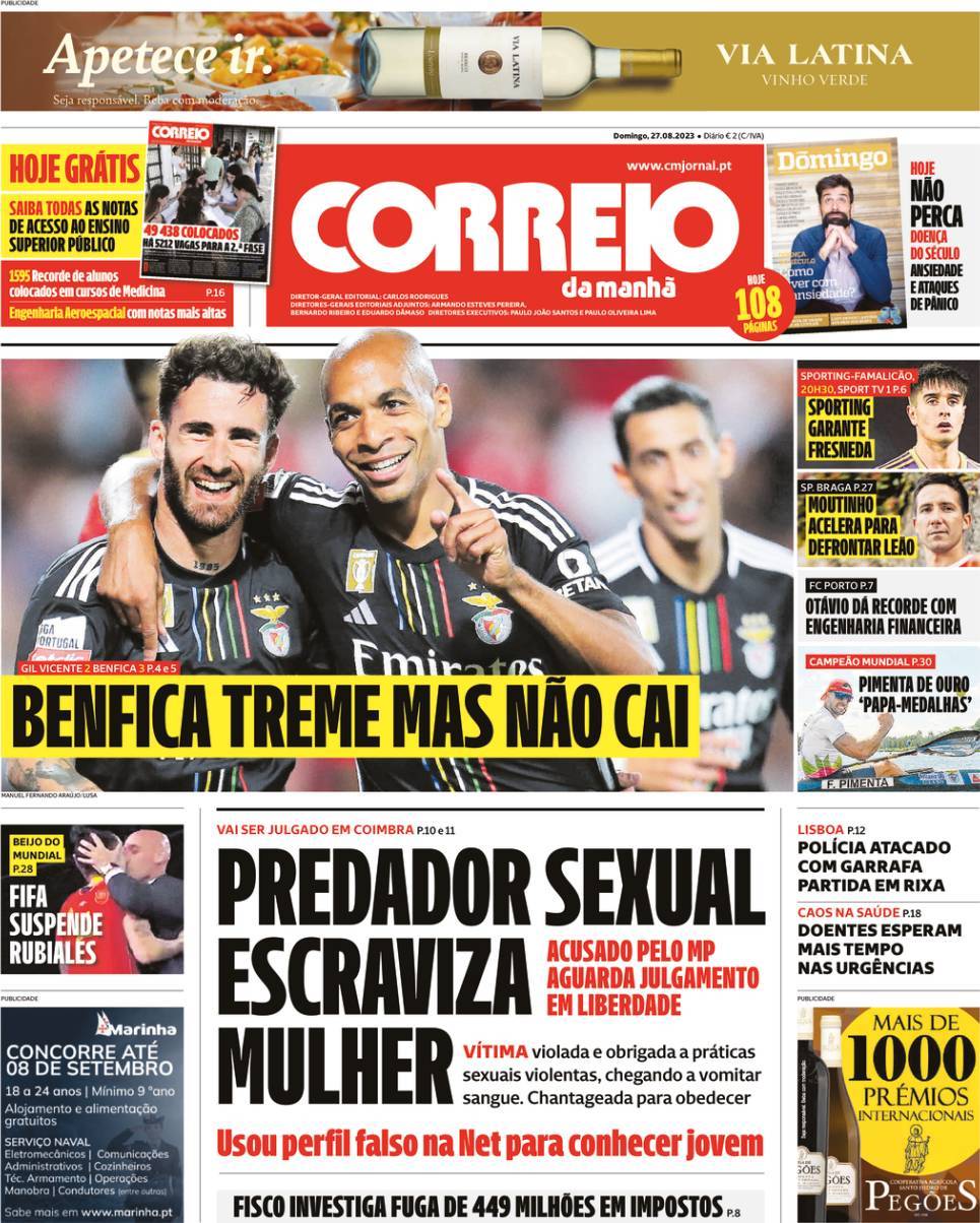 Correio da Manh&atilde;: Capa da Edi&ccedil;&atilde;o de domingo, 27 de agosto 2023