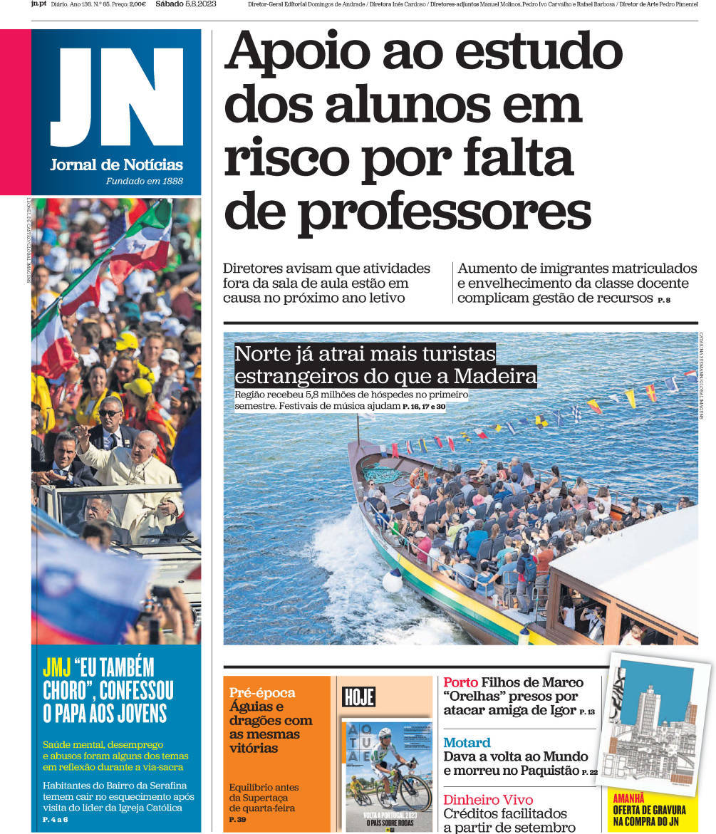 Jornal de Not&iacute;cias: Capa da Edi&ccedil;&atilde;o de s&aacute;bado, 05 de agosto 2023