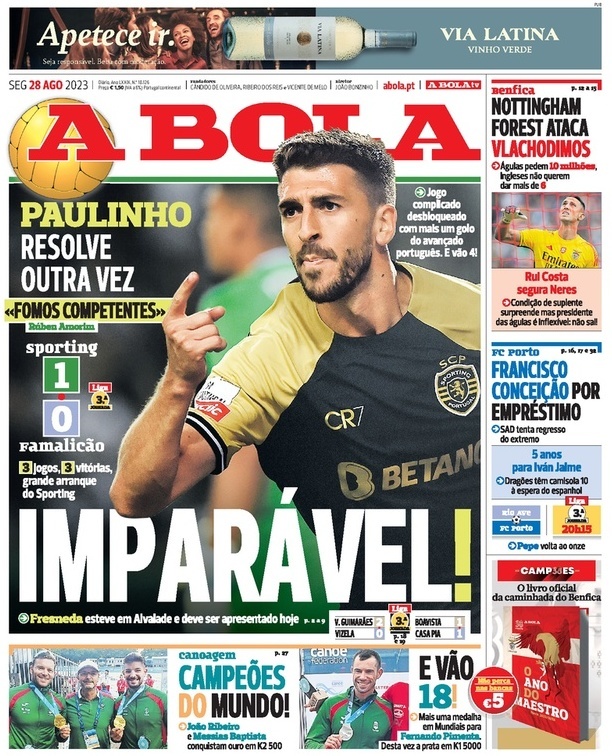 A Bola: Capa da Edi&ccedil;&atilde;o de segunda-feira, 28 de agosto 2023