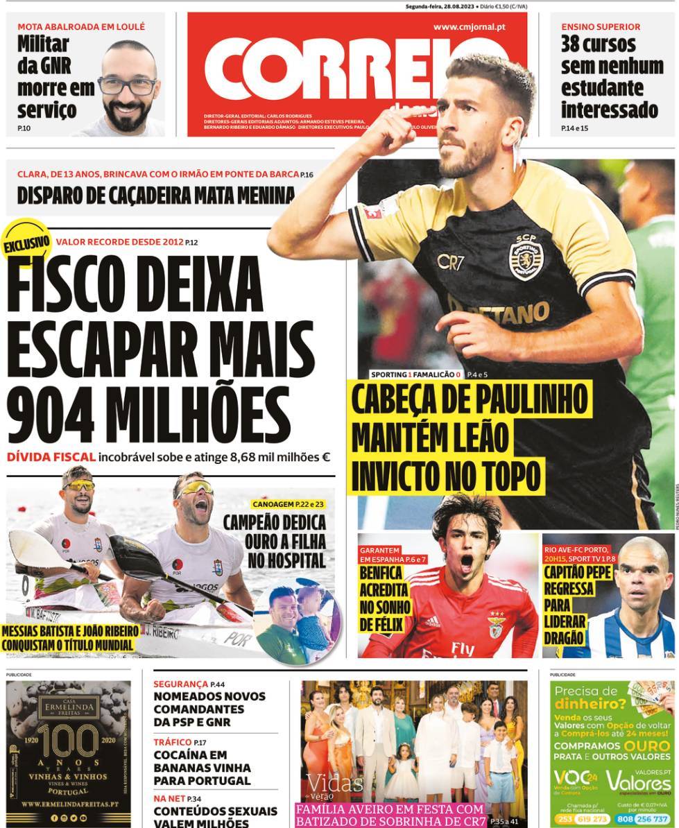 Correio da Manh&atilde;: Capa da Edi&ccedil;&atilde;o de segunda-feira, 28 de agosto 2023
