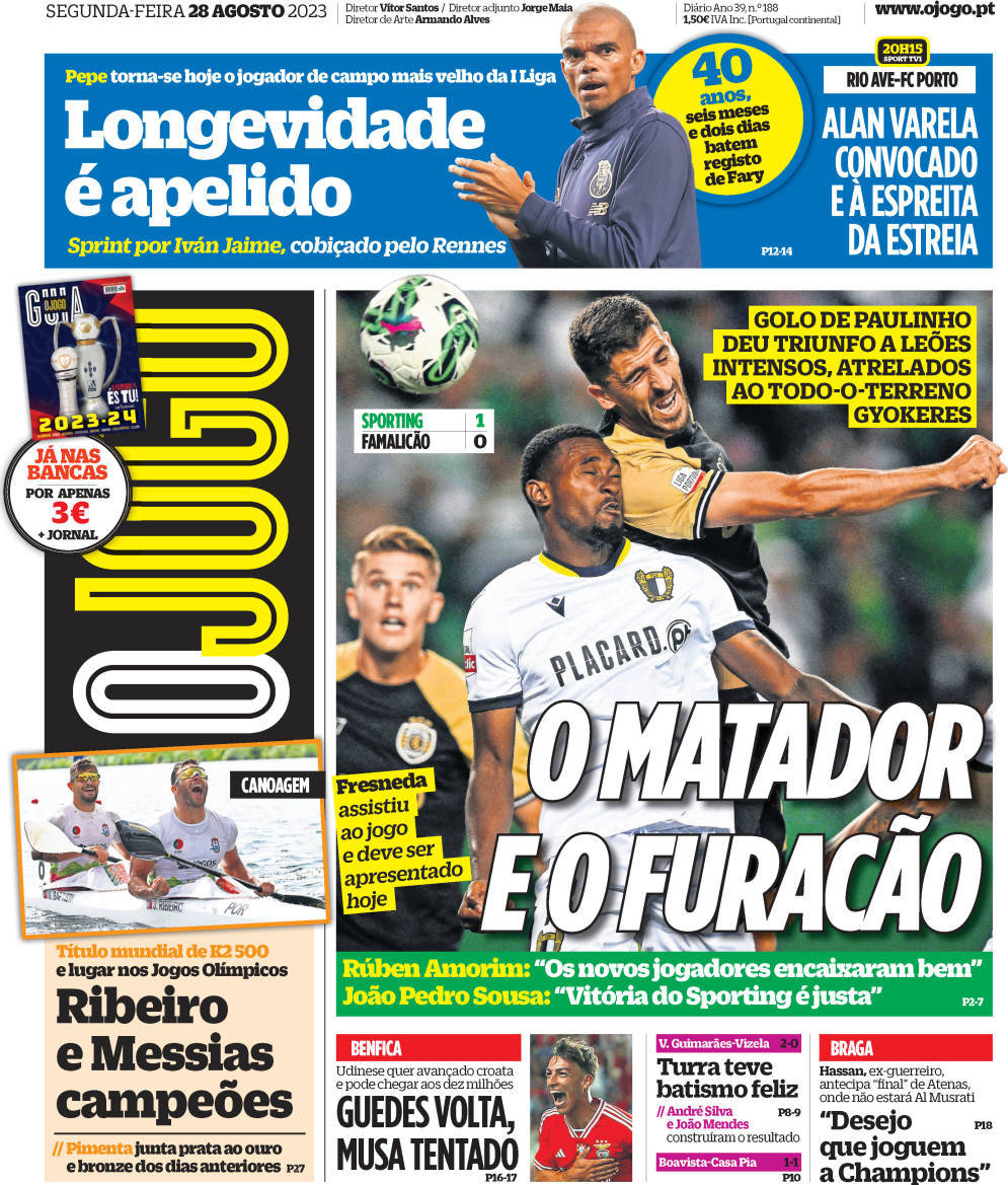 O Jogo: Capa da Edi&ccedil;&atilde;o de segunda-feira, 28 de agosto 2023