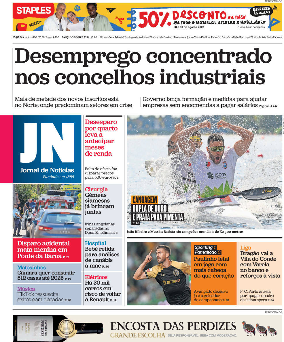 Jornal de Not&iacute;cias: Capa da Edi&ccedil;&atilde;o de segunda-feira, 28 de agosto 2023