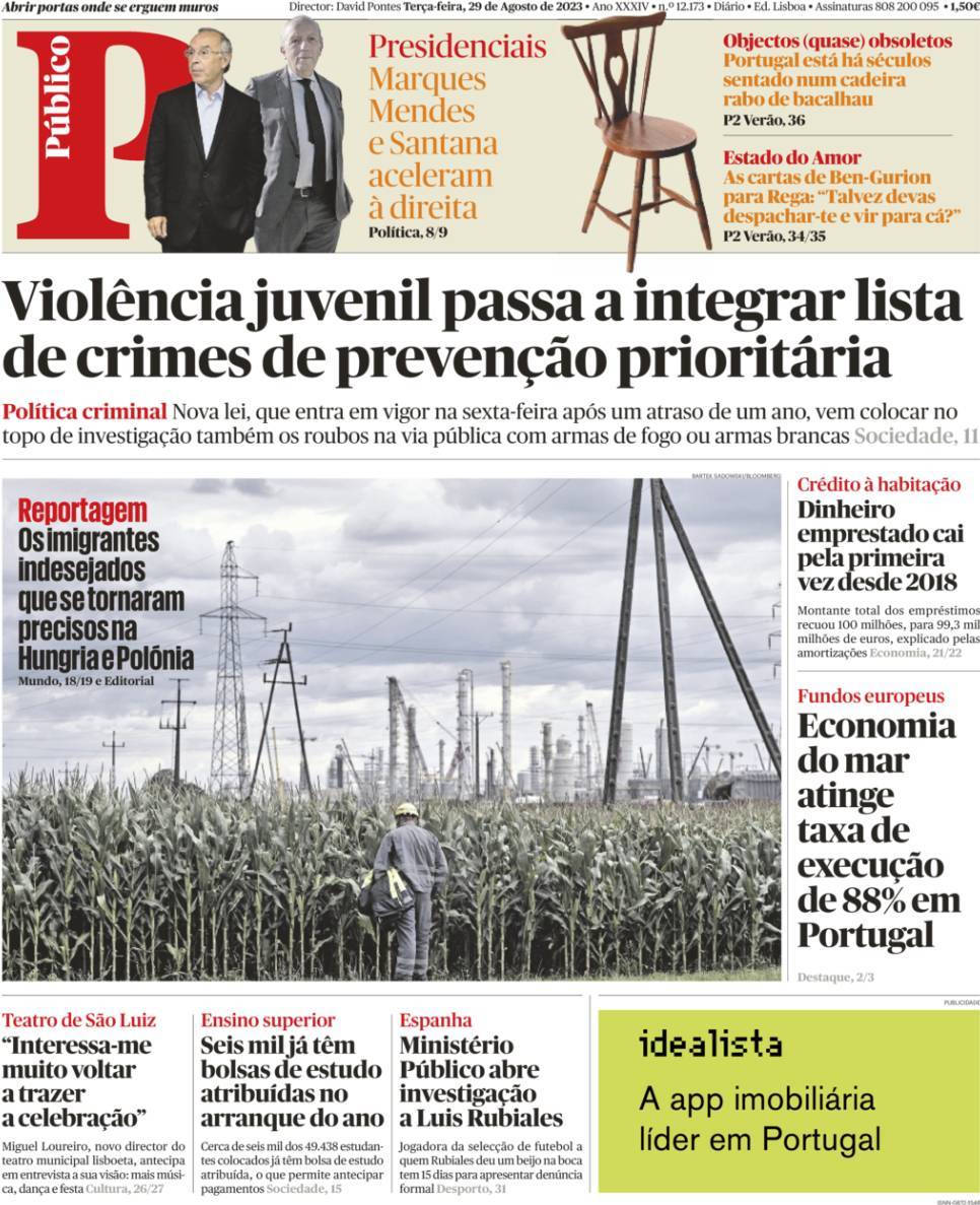 P&uacute;blico: Capa da Edi&ccedil;&atilde;o de ter&ccedil;a-feira, 29 de agosto 2023