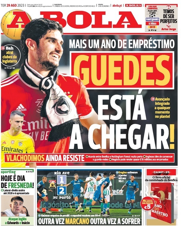 A Bola: Capa da Edi&ccedil;&atilde;o de ter&ccedil;a-feira, 29 de agosto 2023