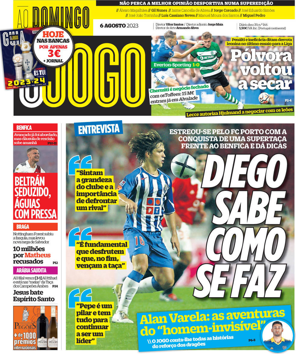 O Jogo: Capa da Edi&ccedil;&atilde;o de domingo, 06 de agosto 2023