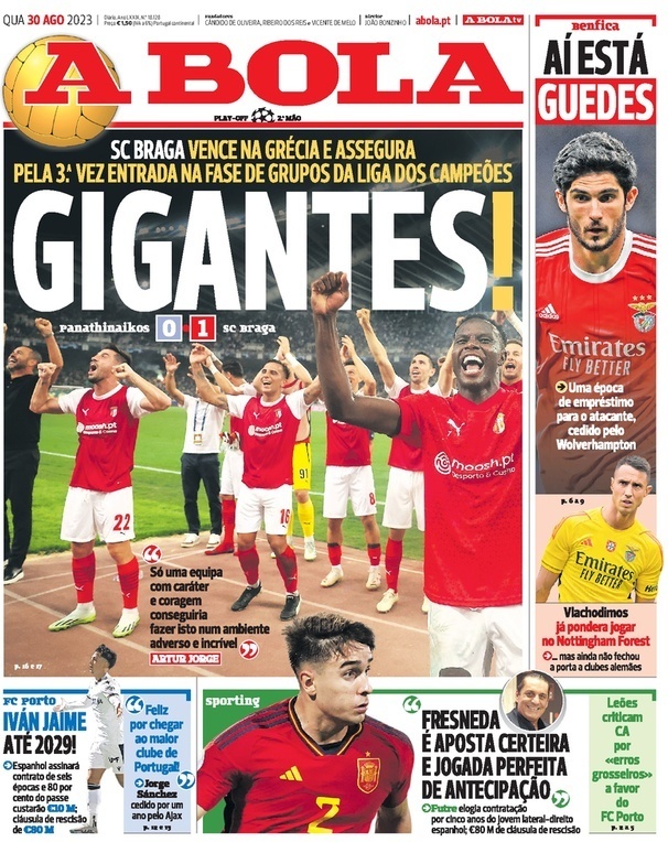 A Bola: Capa da Edi&ccedil;&atilde;o de quarta-feira, 30 de agosto 2023