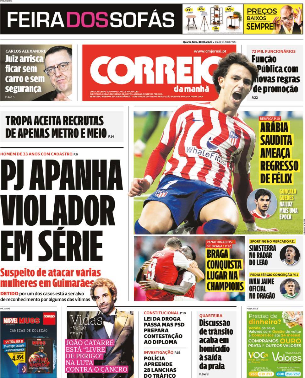 Correio da Manh&atilde;: Capa da Edi&ccedil;&atilde;o de quarta-feira, 30 de agosto 2023