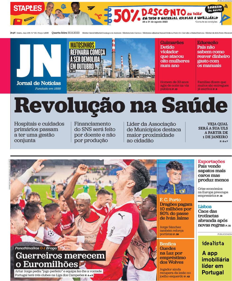 Jornal de Not&iacute;cias: Capa da Edi&ccedil;&atilde;o de quarta-feira, 30 de agosto 2023