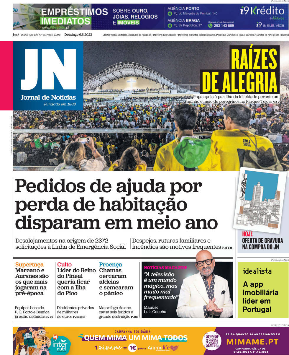 Jornal de Not&iacute;cias: Capa da Edi&ccedil;&atilde;o de domingo, 06 de agosto 2023