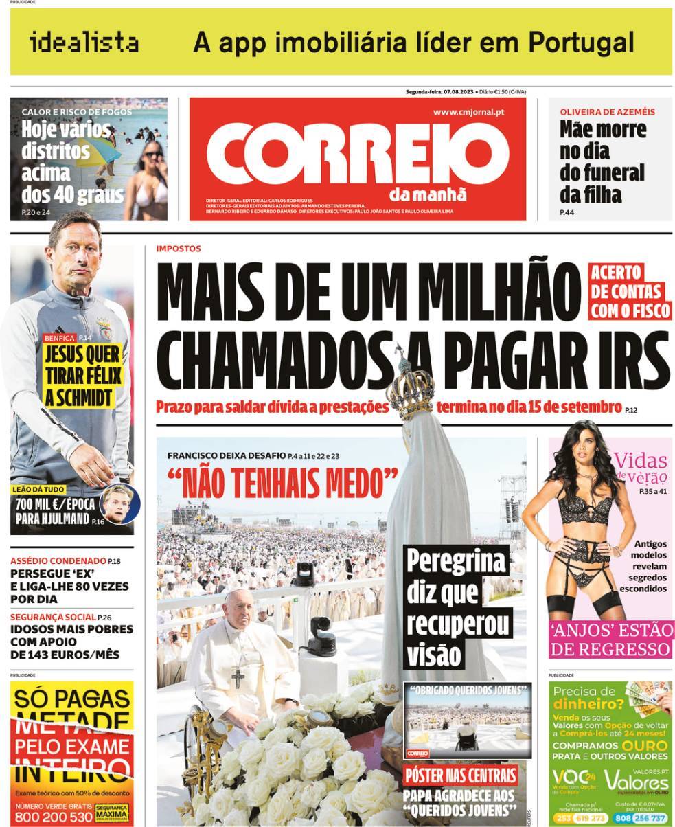 Correio da Manh&atilde;: Capa da Edi&ccedil;&atilde;o de segunda-feira, 07 de agosto 2023