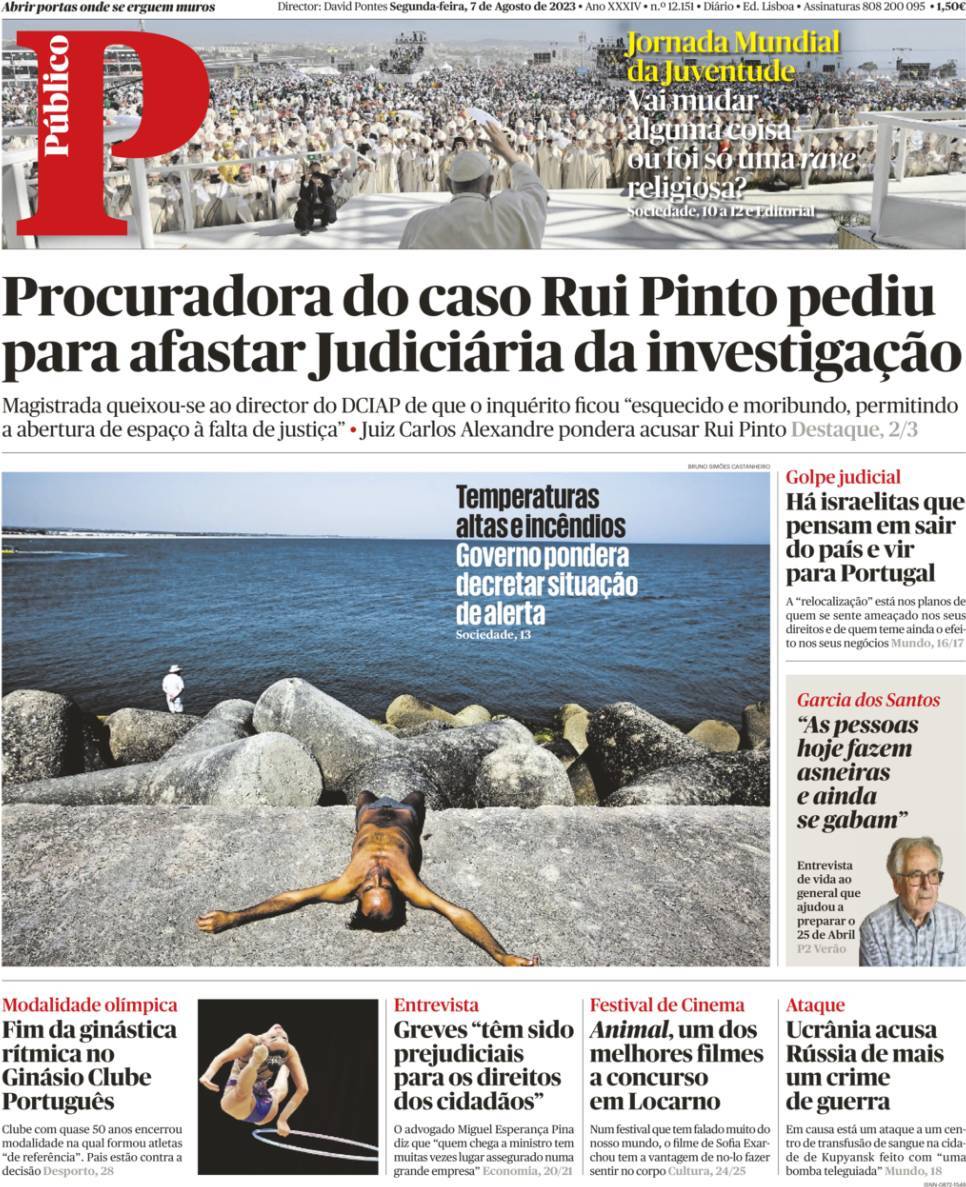 P&uacute;blico: Capa da Edi&ccedil;&atilde;o de segunda-feira, 07 de agosto 2023