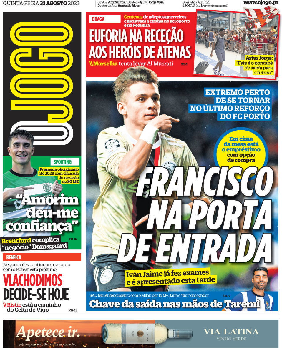 O Jogo: Capa da Edi&ccedil;&atilde;o de quinta-feira, 31 de agosto 2023