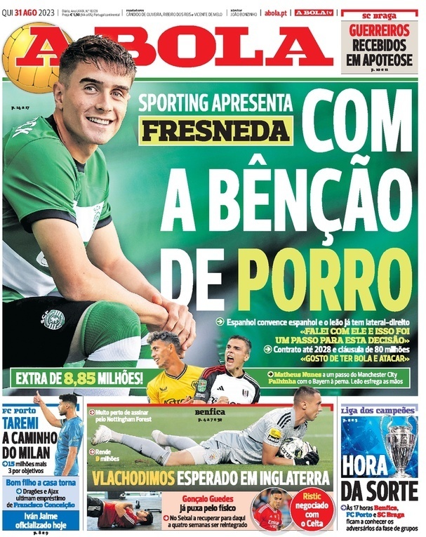 Correio da Manh&atilde;: Capa da Edi&ccedil;&atilde;o de quinta-feira, 31 de agosto 2023