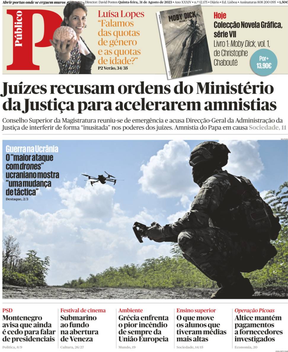 P&uacute;blico: Capa da Edi&ccedil;&atilde;o de quinta-feira, 31 de agosto 2023