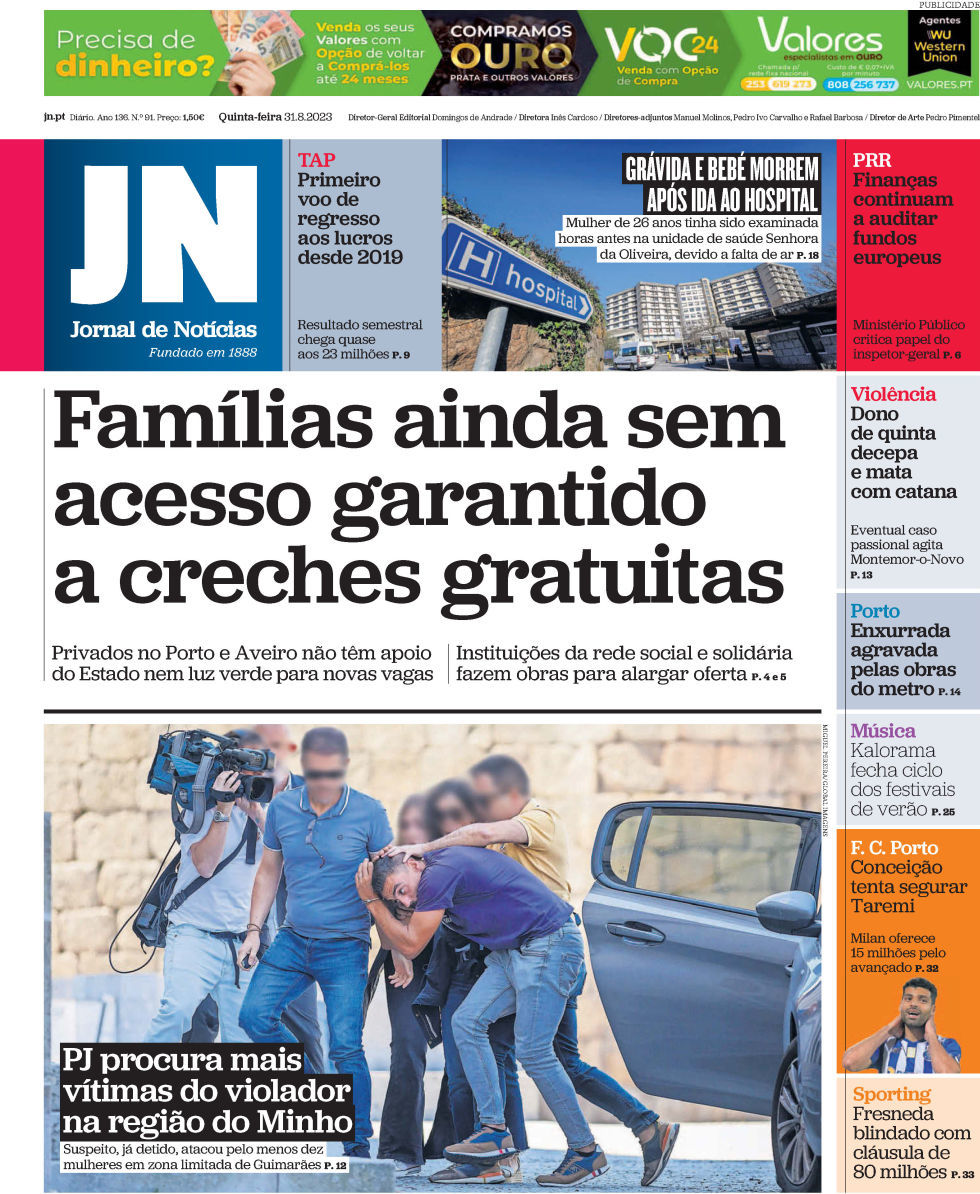 Jornal de Not&iacute;cias: Capa da Edi&ccedil;&atilde;o de quinta-feira, 31 de agosto 2023