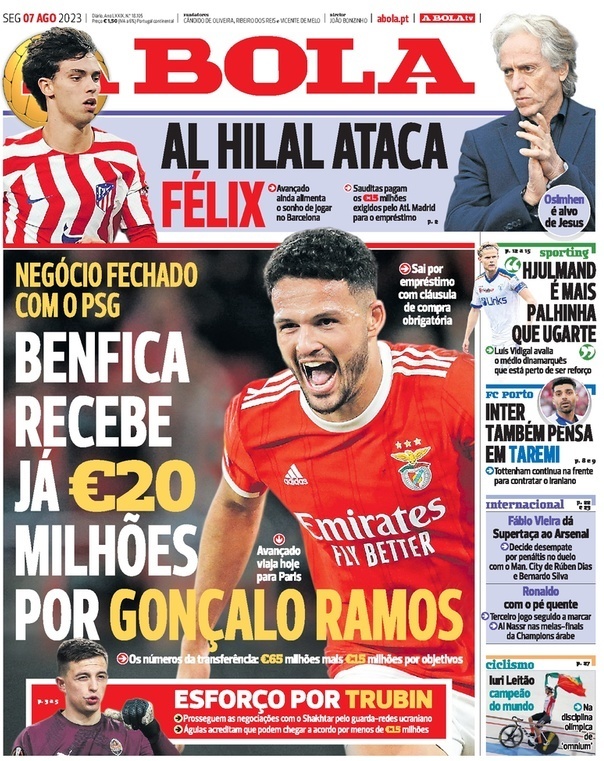 A Bola: Capa da Edi&ccedil;&atilde;o de segunda-feira, 07 de agosto 2023