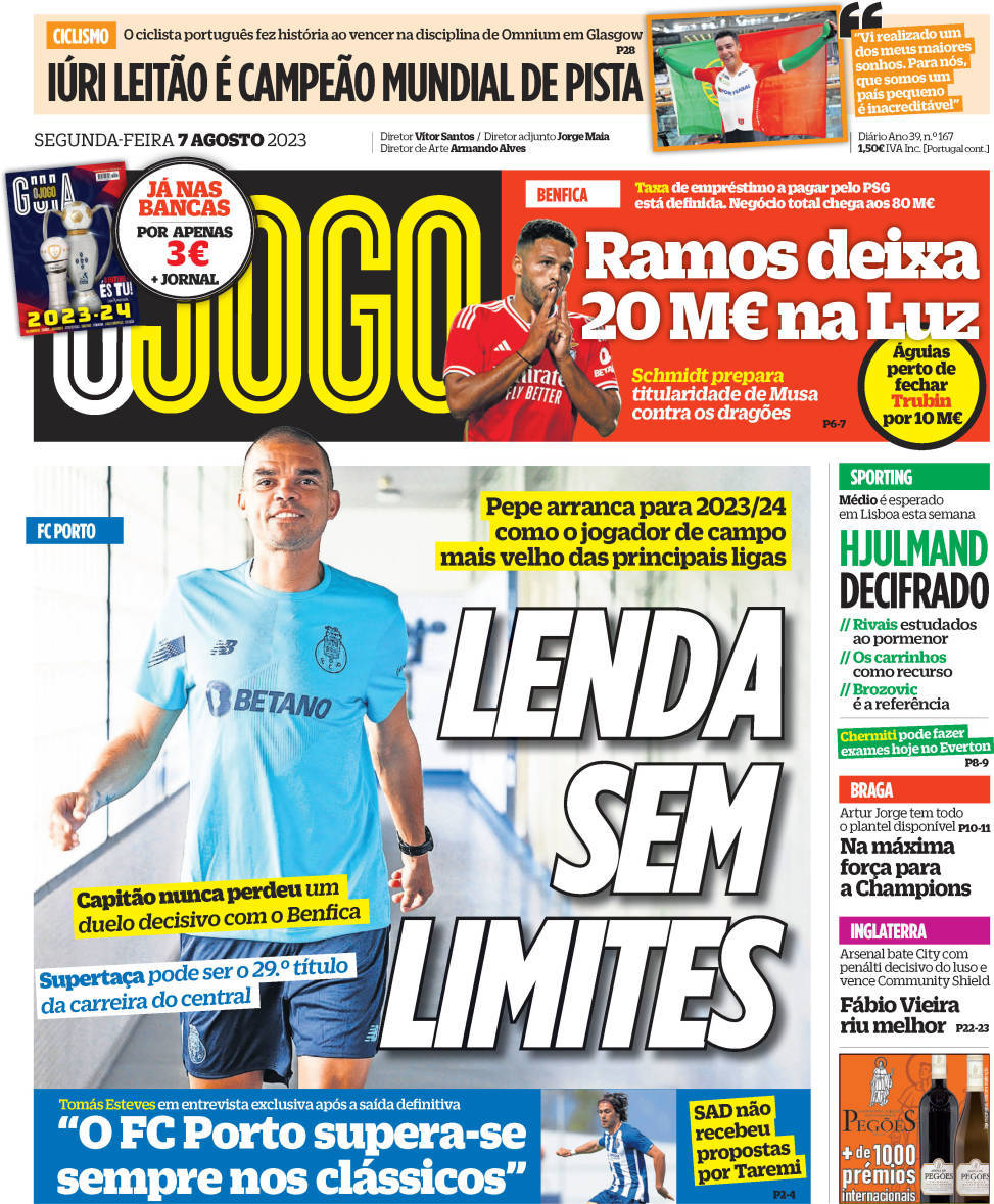 O Jogo: Capa da Edi&ccedil;&atilde;o de segunda-feira, 07 de agosto 2023