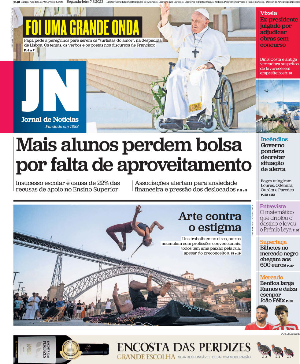 Jornal de Not&iacute;cias: Capa da Edi&ccedil;&atilde;o de segunda-feira, 07 de agosto 2023