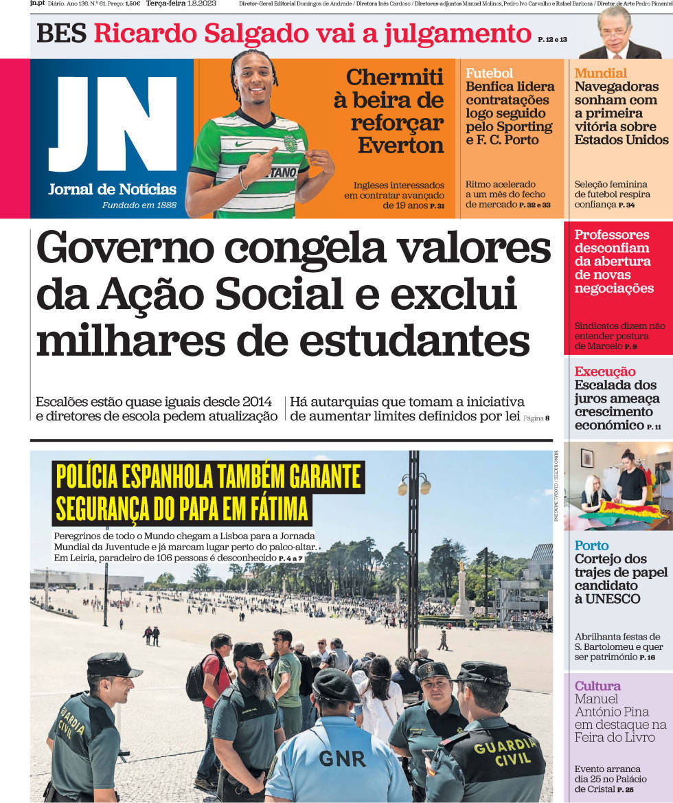Jornal de Not&iacute;cias: Capa da Edi&ccedil;&atilde;o de ter&ccedil;a-feira, 01 de agosto 2023